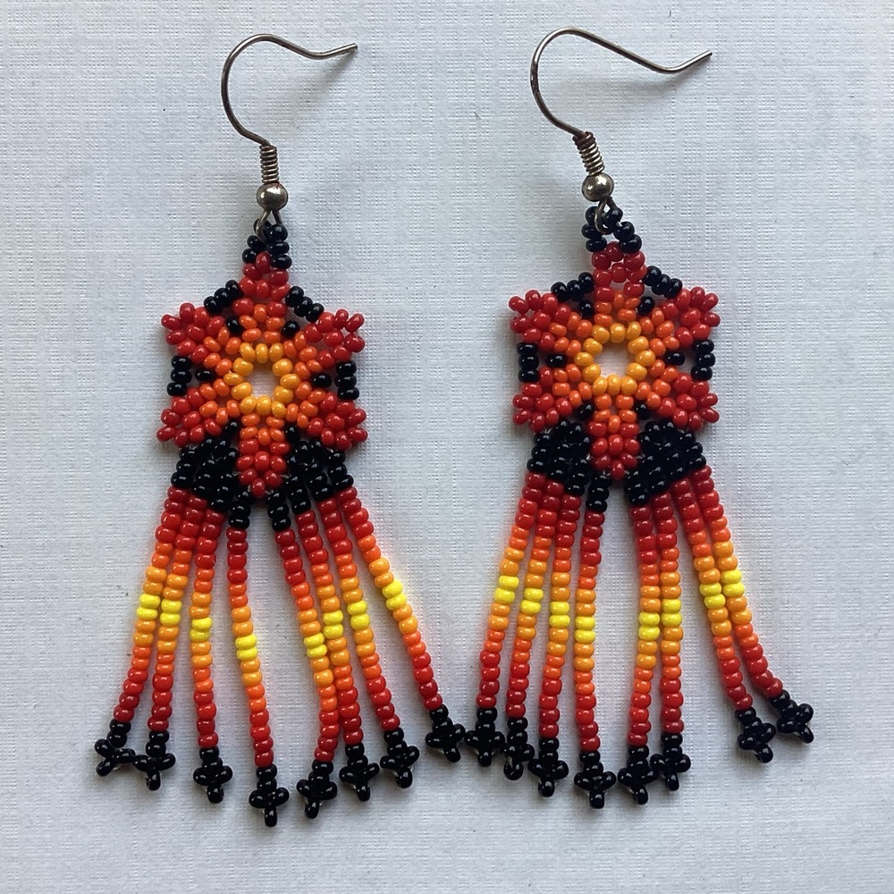New Import Huichol of Mexico Bead Flower Dangle Earrings Hippie Boho Tribal Art